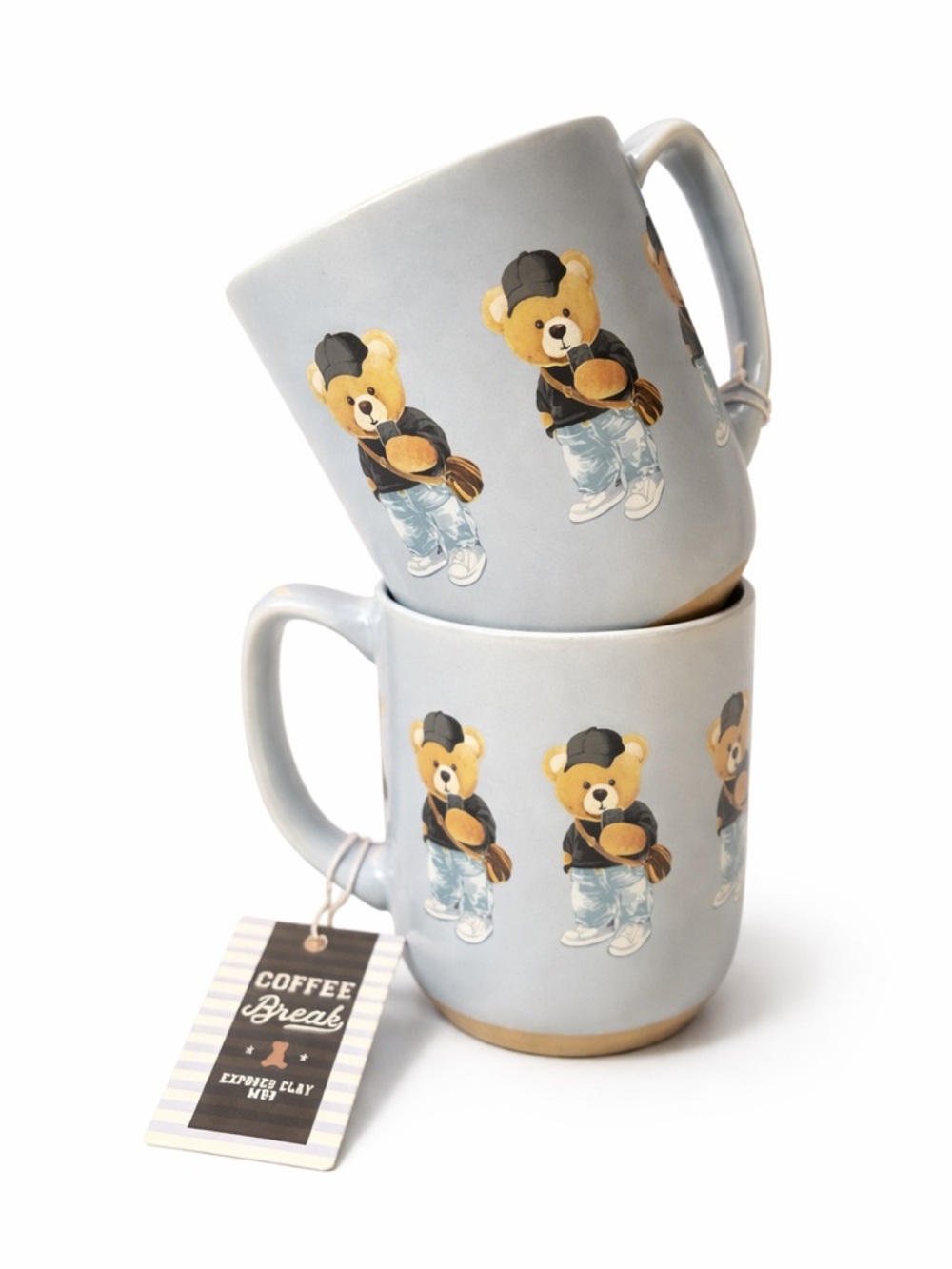 SOLD OUT ‼️
 Set of 2 Teddy Bear Coffee Mugs Exposed Clay Ceramic - Picture 2 of 4